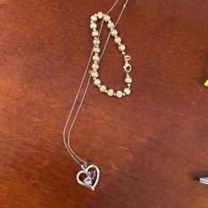 Purple stone necklace and silver ball bracelet